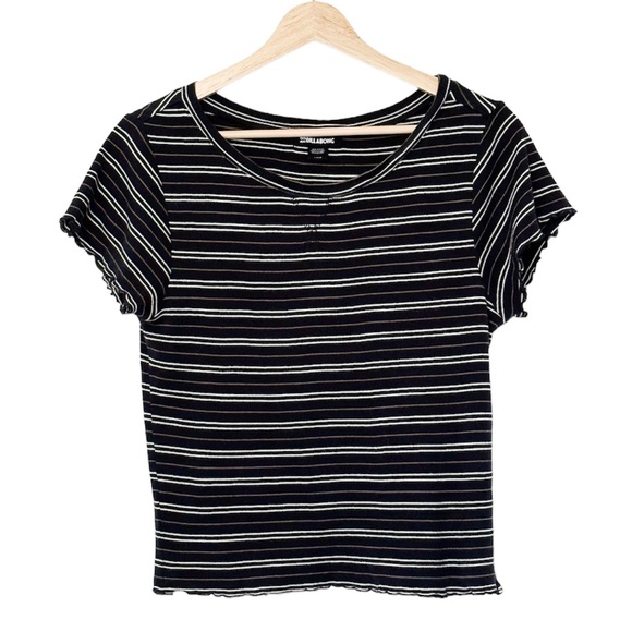 Billabong Black Stripe Cropped Babydoll Tee T-Shirt Top Tan White — Size L - Picture 1 of 5
